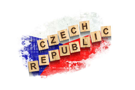 Czech Republic. The inscription on wooden blocks, against the background of the flag of the Czech Republic. Isolated on a white background. Design elementの写真素材