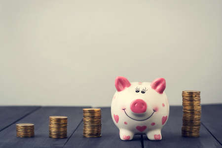 Piggy bank and towers coins. Copy space. Light background.の写真素材