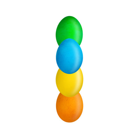 The letter I of the English alphabet is made up of colorful eggs. Isolated. White background. Holidays and educationの写真素材