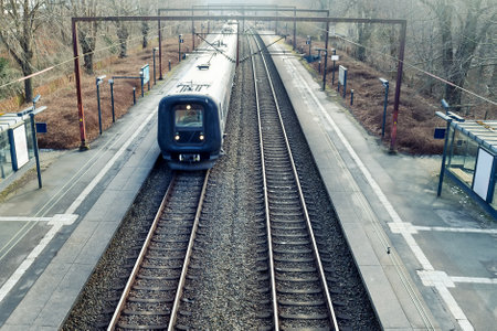 Railroad station. A train. View from above. Travels Transport