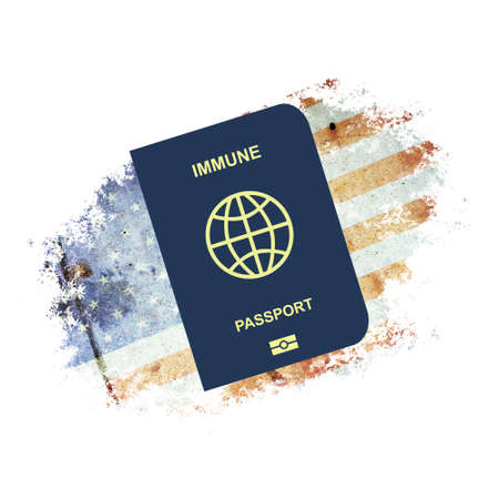 Immune Passport, against the background of the flag of America. For entering the country, people...