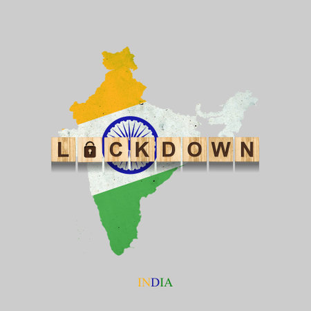 Lockdown. India. The inscription on wooden blocks, against the background of the map of India. 3D illustration. Closing the country to quarantine. Isolated. Pandemic.の写真素材