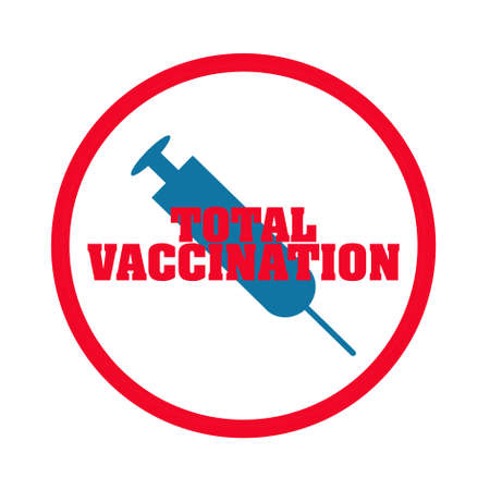 Total vaccination. Round stamp. Syringe for vaccination Vaccination of people against COVID-19. Isolated on a white background.の写真素材