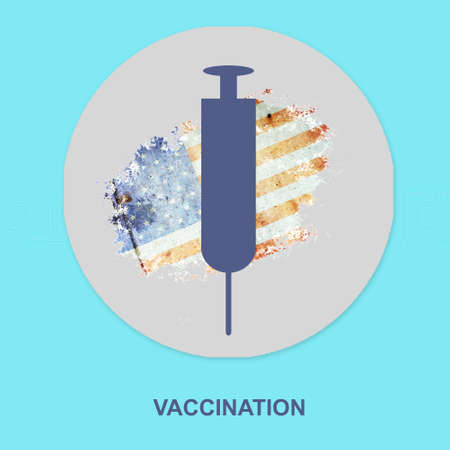 Syringe for vaccination against the background of the flag of America. Icon on a blue background. Isolated. Vaccination against COVID 19. Health. Medicine.の写真素材