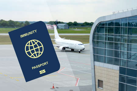 Biometric Immune Passport, against the background of the plane .. For people vaccinated or recovered...