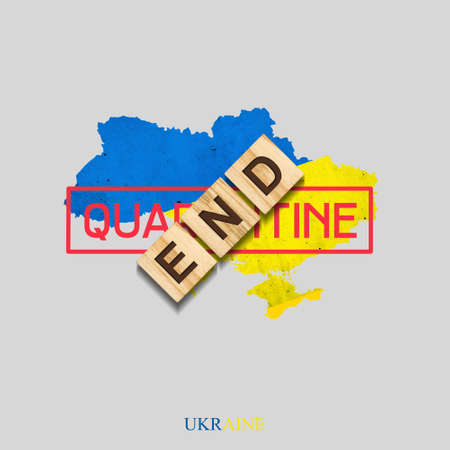 End of quarantine. The inscription on wooden blocks on the background of the map of Ukraine. The end of the pandemic. The country is open to entry. 3d illustration. Isolated. Business. Travelsの写真素材