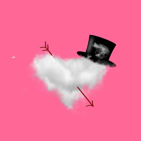 Cloud in the form of a heart, wearing a top hat, and Cupid's arrow, on a pink background....
