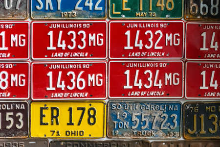 Lviv. Ukraine. October 24.2020 Various old license plates. Close-up. Exhibition of retro cars. Old cars. Transport.のeditorial素材