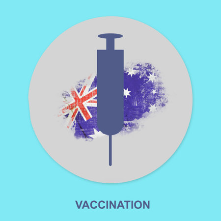 Syringe for vaccination against the background of the flag of Australia. Icon on a blue background. Isolated. Vaccination against COVID 19. Health. Medicine.の写真素材