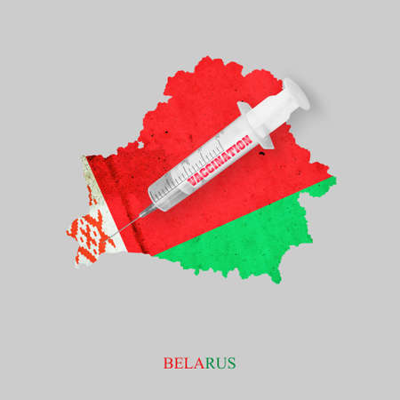 Syringe for vaccination, against the background of a map of Belarus. Coronavirus COVID-19 vaccine. 3d illustration. Isolated on a gray background. Virus protection. The medicine.の写真素材