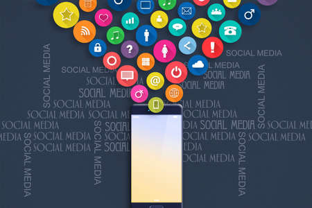 Concept Social Media. Social icons fly out of a mobile phone. Social Media background. Communicationの写真素材