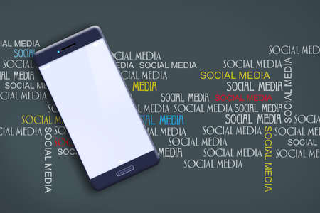 Concept Social Media. Mobile phone on the background of different inscriptions Social Media on a dark background. Social Media background. Communication. Backgrounds.の写真素材
