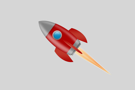 Red space rocket with porthole on gray background. Isolated