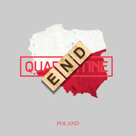 End of quarantine. The inscription on wooden blocks on the background of the map of Poland. The end...