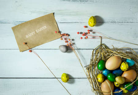Easter colorfull eggs in a nest on a white wooden background with copy spaceの写真素材
