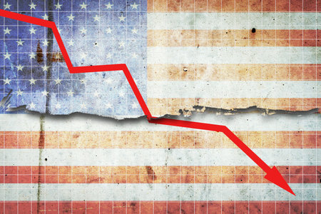 Fall of the US Economy. The graph of the recession of the economy with a red arrow, on the flag of the USA. Economic decline. Decline in the economy of stock trading. Downward trends in the economy. Business.の写真素材