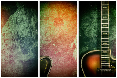 Old, jazz electric guitar on a multicolored grunge background. Different variants Copy space. Background for music festivals, concerts. Musical education. Concert concept. Musical instruments.の写真素材