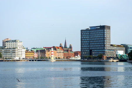 Malmo Sweden. July 29, 2019, Beautiful European modern architecture on the shore of the sea bay. Malmo Architectural sights of Sweden. Architecture.のeditorial素材