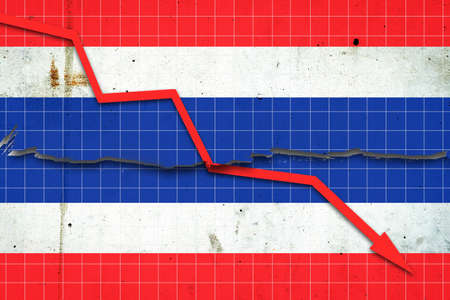 Fall of the Thailand Economy. Recession graph with a red arrow on the Thailand flag. Economic...
