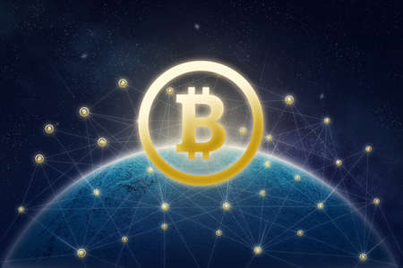 Glowing golden bitcoin, on the background of the planet. Internet grid and glowing dots. Virtual electronic money, internet currency. Abstract background. Cryptocurrency concept.の写真素材