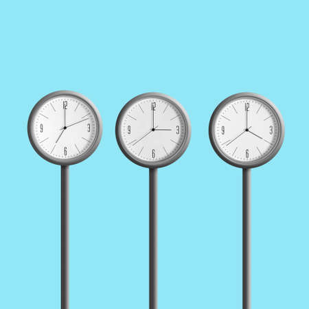 Street clock, on a blue background. Show different times. Isolated. Business and time concept.