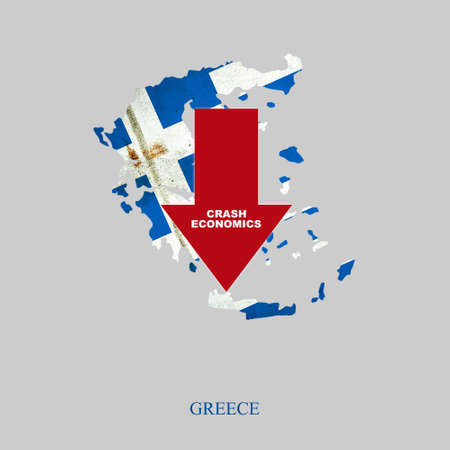 Crash Economics, Greece. Red down arrow on the map of Greece. Economic decline. Downward trends in the economy. Isolated. Business.の写真素材