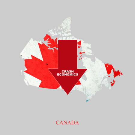 Crash Economics, Canada. Red down arrow on the map of Canada. Economic decline. Downward trends in the economy. Isolated. Business.の写真素材