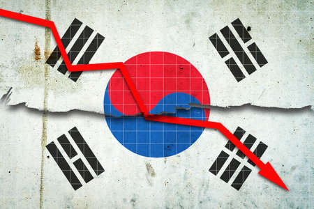 Fall of the Korean Economy. Recession graph with a red arrow on the Korea flag. Economic decline. Decline in the economy of stock trading. Downward trends in the economy. Business.の写真素材