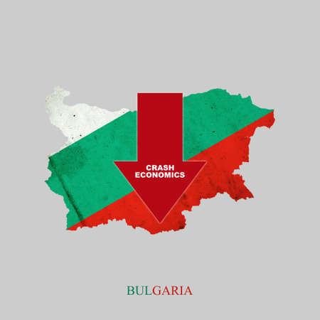 Crash Economics, Bulgaria. Red down arrow on the map of Bulgaria. Economic decline. Downward trends in the economy. Isolated. Business.の写真素材