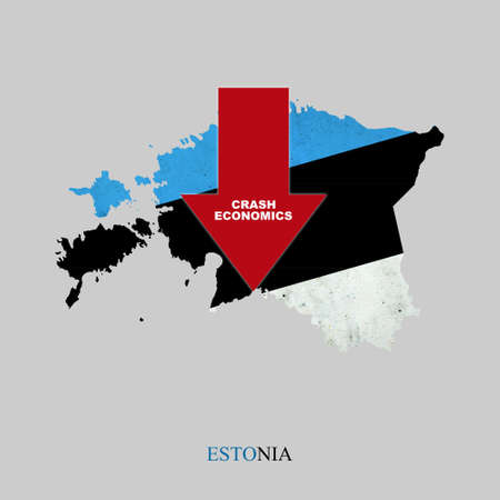 Crash Economics, Estonia. Red down arrow on the map of Estonia. Economic decline. Downward trends in the economy. Isolated. Business.の写真素材