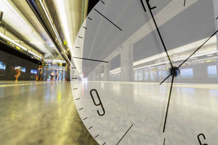 Clock on the background of the railway station. Double exposure. Travel time. Travel concept. Travel background.の写真素材