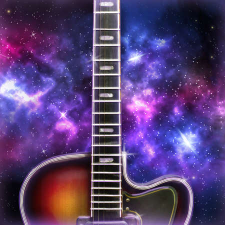 Old electric guitar on the cosmic, starry sky. Music background, cover, banner. Square orientation. Musical background.の写真素材