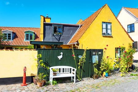 Dragor. Denmark. July 24, 2019 Beautiful, small, yellow rustic houses. Traditional Scandinavian style. Fishing village Sights Travelsのeditorial素材