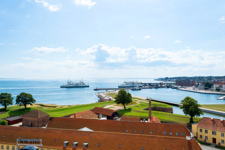 Helsinger. Denmark. 26 July. 2019 Beautiful top view of a ferry between Denmark and Sweden. Helsingor. Denmark. Sights.のeditorial素材