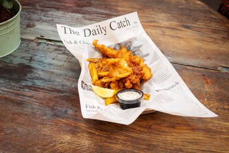 Helsingor. Denmark. 26 July. 2019. Fish and Chips. Food at one of the street cafes in Helsingor. Denmark. Street food.のeditorial素材