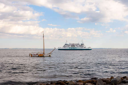Helsinger. Denmark. 26 July. 2019 Beautiful top view of a ferry between Denmark and Sweden. Helsingor. Denmark. Sights.のeditorial素材