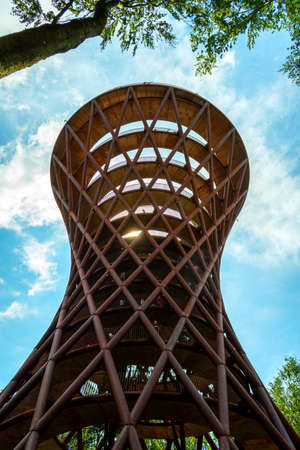 Ronnede. Denmark. July 27th. 2019 Camp Adventure Tower. Observation tower in the forest. View from below. Sightseeing. Travel. Tourism Architectureのeditorial素材
