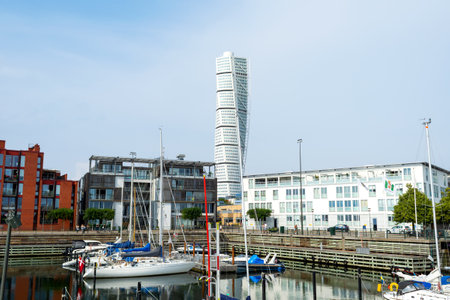 Malmo Sweden. July 29, 2019, Beautiful European modern architecture.Turning Torso, a beautiful skyscraper. Malmo Architectural sights of Swedenのeditorial素材