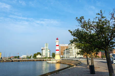 Malmo, Sweden. July 29, 2019, Beautiful lighthouse on the waterfront in the city. Malmo. Sights Swedenのeditorial素材