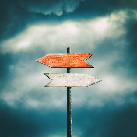 Wooden Sign with arrows pointing in different directions. Path selection concept. Making the right...