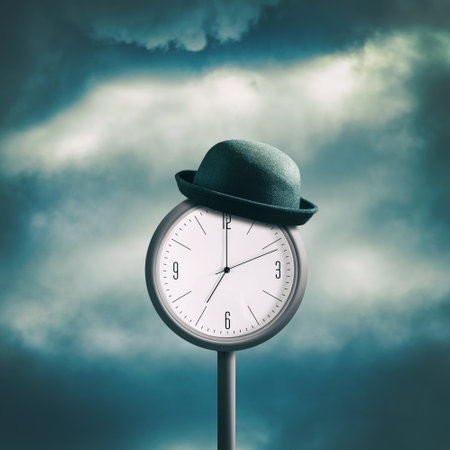 Street clock, in a hat, against the backdrop of a cloudy sky. planning concept. time management. Lack of time. Organization of work. square orientation. business. finance.の写真素材