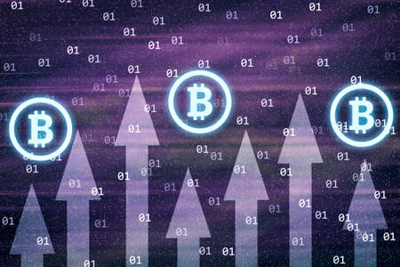 Glowing Bitcoin. rise. international stock exchange. Virtual electronic money, internet currency. Chart currency cryptocurrencies. Cryptocurrency concept.の写真素材