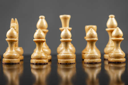White wooden chess pieces. Focus on pawns. Reflection. Strategy. Game. Sport Business Backgroundの写真素材