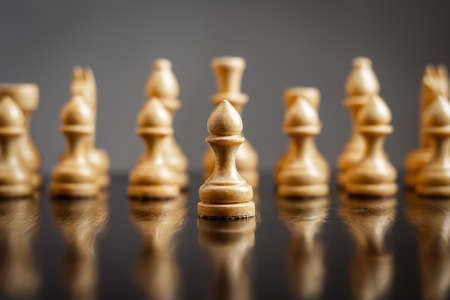 White wooden chess pieces. Pawn is in front. Focus on pawn. reflection. strategy. leadership. game. sport business backgroundの写真素材