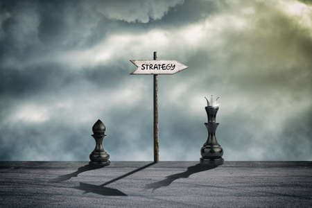 strategy concept. career growth. Black pawn and queen. wooden pointer. cloudy sky. business. correct strategy. abstract backgroundの写真素材