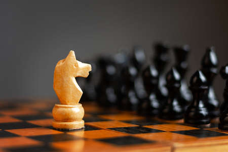 White chess knight, in front of the pawns. strategy concept. business. lifestyle. background.の写真素材