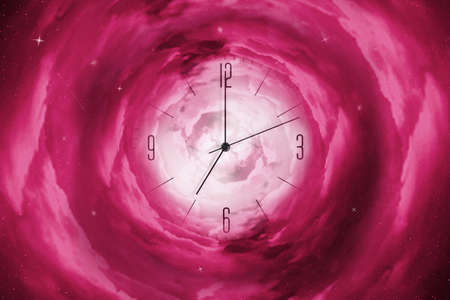 Clock in the starry cosmic sky. Leaving time. Time and space. Time concept. Abstraction.の写真素材