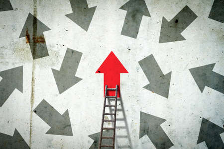 Arrows on a concrete wall. Red arrow, right direction. Stairs. leadership concept. team. business finance backgroundの写真素材