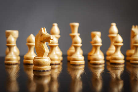 White chess knight, in front of white pieces. selective focus. Strategy of the game, business. business. lifestyle. background.の写真素材
