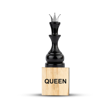 Black chess queen, on a wooden block. isolated on a white background. The game. training. Education. design element.の写真素材